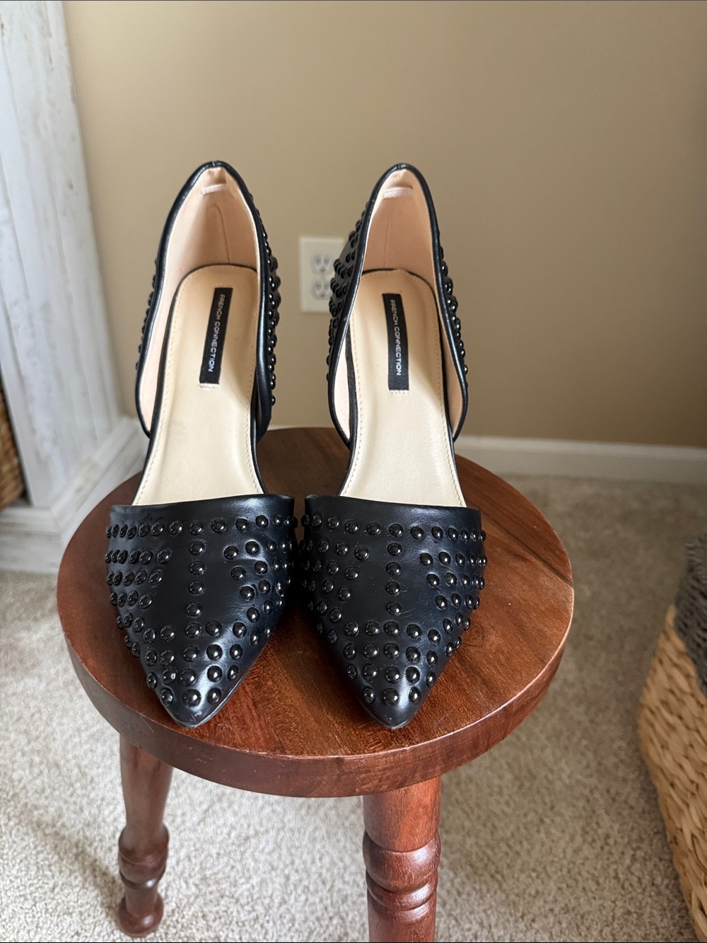 French Connection Black Studded Pointed D'Orsay Heels